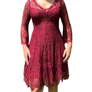 Red Wine Lace Overlay Long Sleeve V-Neck A Line Mini Dress Size S